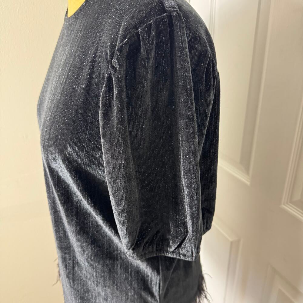 Sterling Kreek Velvet Feather Trim Top Metallic Ribbed Puff Sleeve Party - Picture 5 of 10